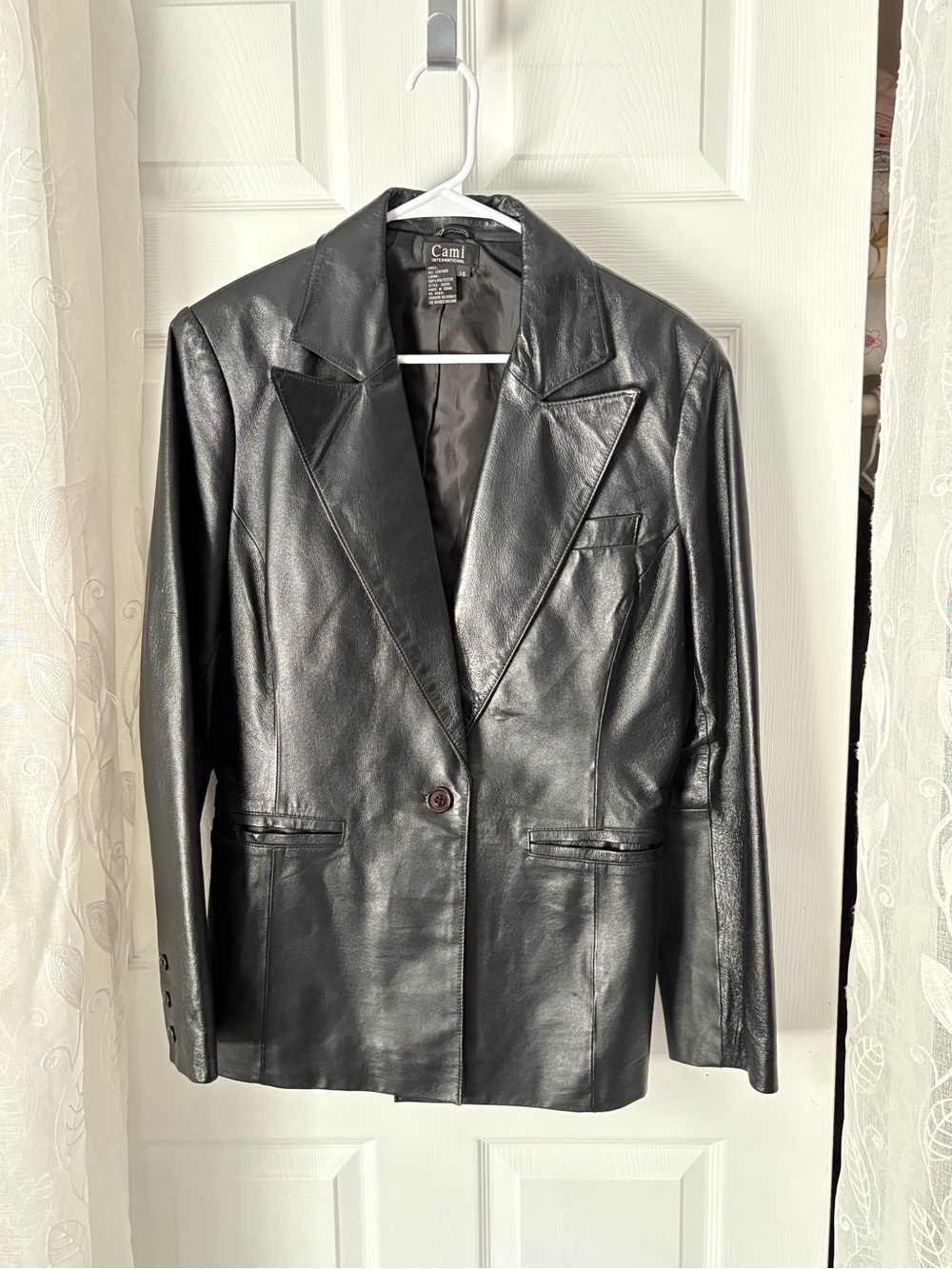 Cami International black all leather single-button blazer jacket women sz 14